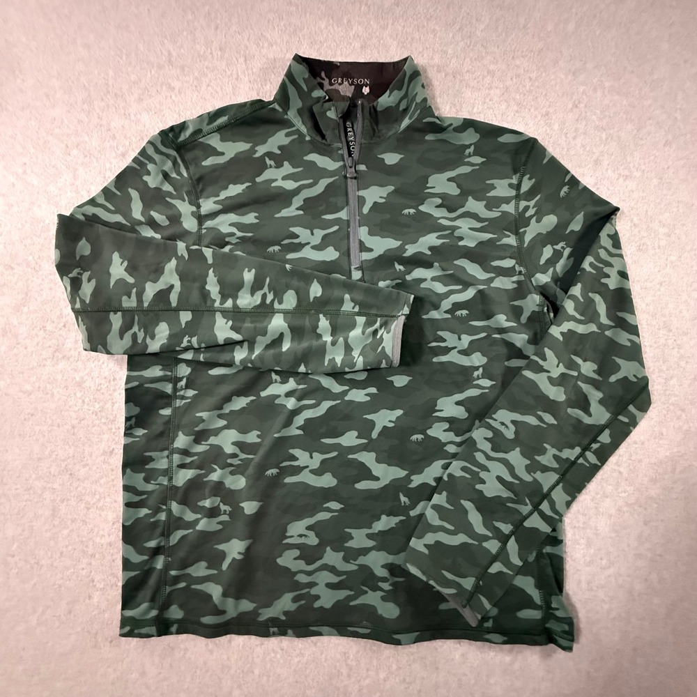 Greyson Clothiers Mens Large Green Camo Wolf Bear 1/4 Zip Pullover Oaks Logo